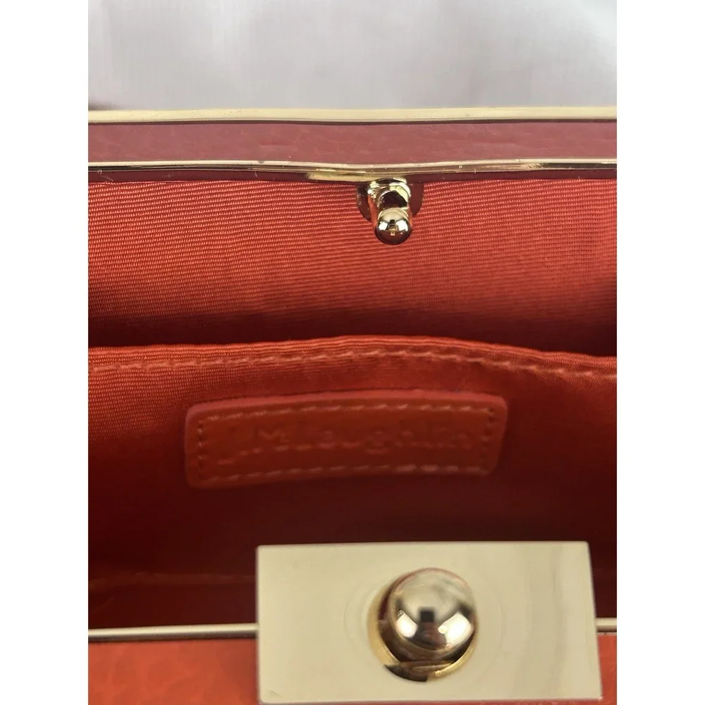 J McLaughlin Vintage Orange Pebbled Leather Box Clutch Gold Frame Chain Bag